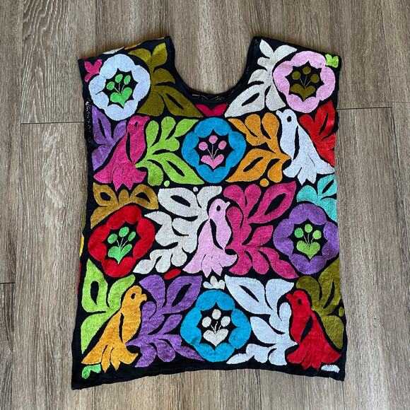 Mexican Colorful Black Hand Embroidered Jalapa Blouse Oaxacan Floral Hand Small - Picture 9 of 15